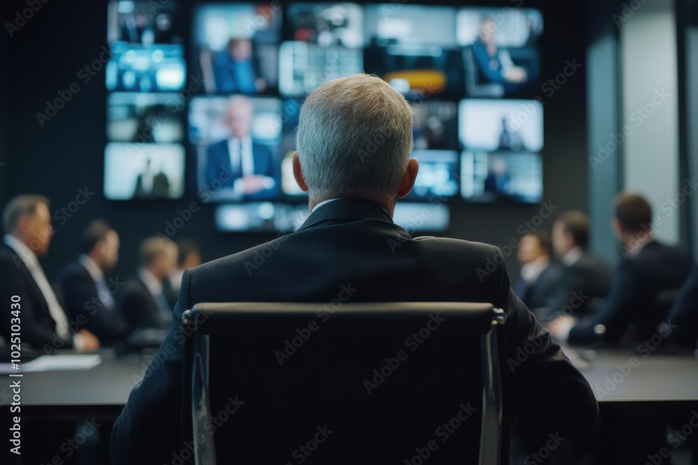 A businessman in a suit attending a virtual meeting, with multiple screens showing participants, representing modern digital communication. A businessman in a suit attending a virtual meeting, with multiple screens showing participants, representing modern digital communication.