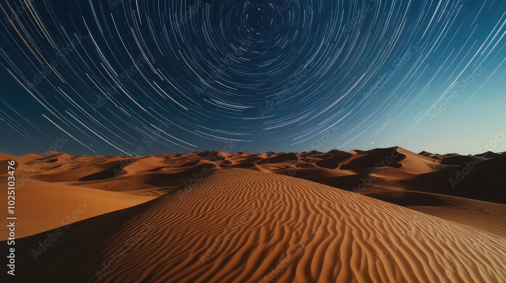 Naklejka premium A time-lapse effect of star trails over a desert landscape, with the movement of the stars captured above rolling sand dunes