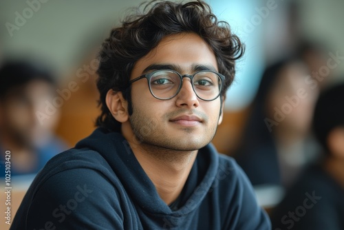 Young man with a smile on his face is sitting in a classroom. He is surrounded by other students. atmosphere seems to be positive and friendly. group of young men Latin university students.