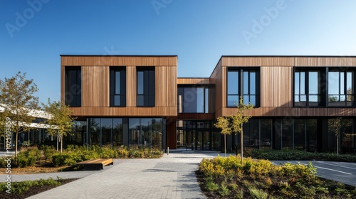 Modern Wooden Facade Office Building with Landscaped Courtyard