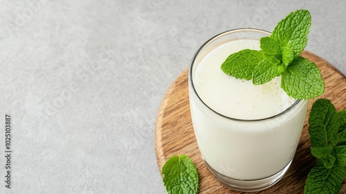 Glass of kefir with fresh mint and probiotics label, promoting gut health, probiotic, kefir, mint, wellness