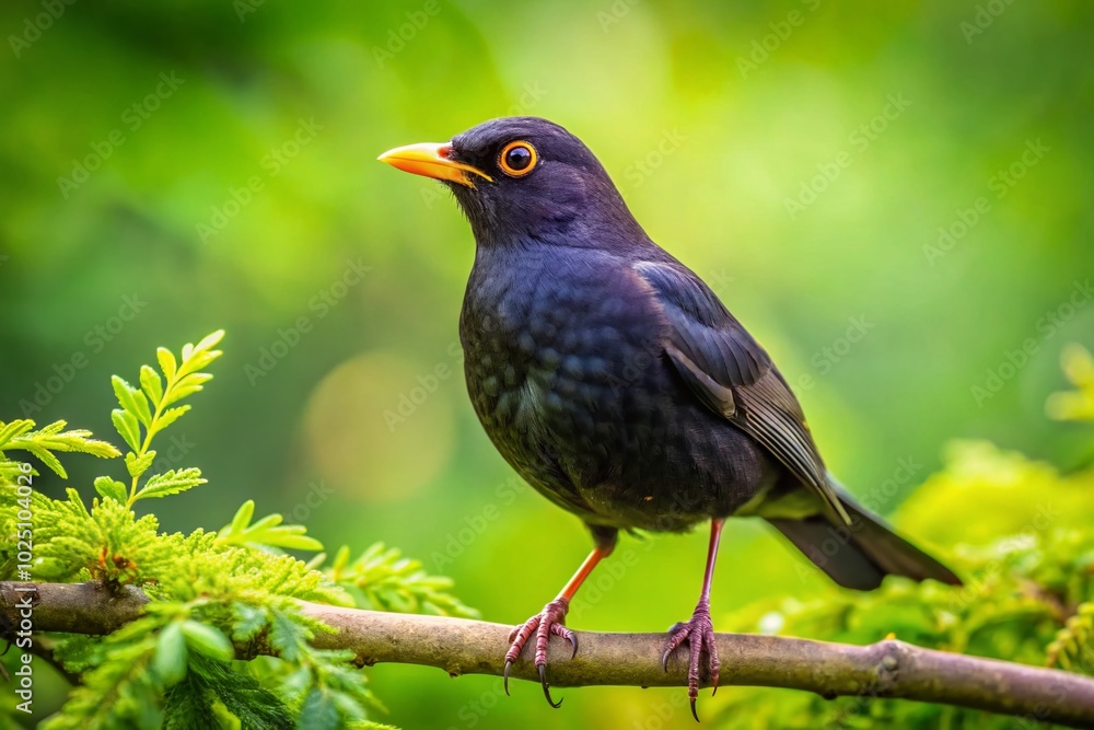 Common Blackbird Perched on a Branch in Natural Habitat with Lush Greenery and Bright Background Common Blackbird Perched on a Branch in Natural Habitat with Lush Greenery and Bright Background