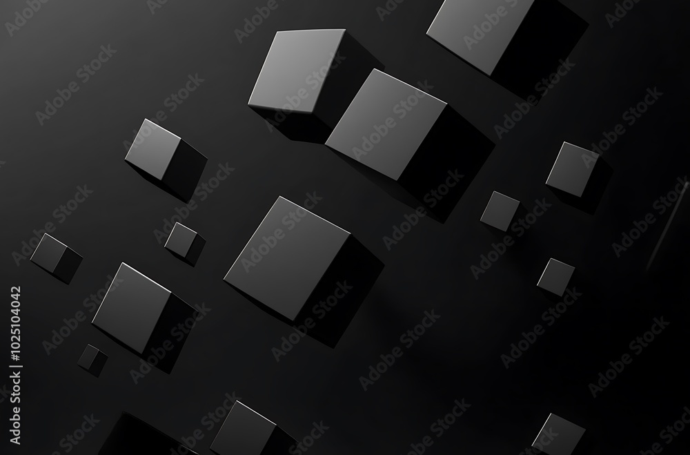 Dark minimalist background with floating cubes in a symmetrical 3D-rendered space. Dark minimalist background with floating cubes in a symmetrical 3D-rendered space.