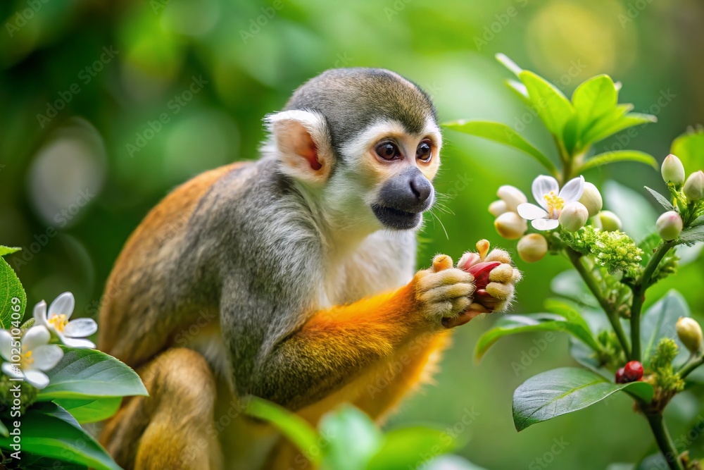 Common Squirrel Monkey foraging for food in lush green foliage and white flowers in vibrant 4K UHD nature Common Squirrel Monkey foraging for food in lush green foliage and white flowers in vibrant 4K UHD nature