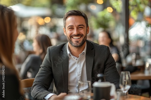 Man in a suit is smiling at a woman in a restaurant. The man is wearing a gray jacket The woman is smiling back at him. The scene is set in a restaurant with several other people in the background