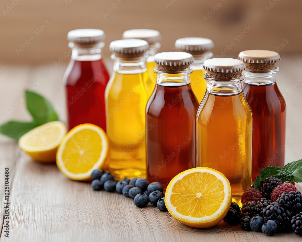 Kombucha bottles arranged on a rustic wellness table, emphasizing probiotics for digestive health, probiotic, kombucha, wellness table, rustic Kombucha bottles arranged on a rustic wellness table, emphasizing probiotics for digestive health, probiotic, kombucha, wellness table, rustic