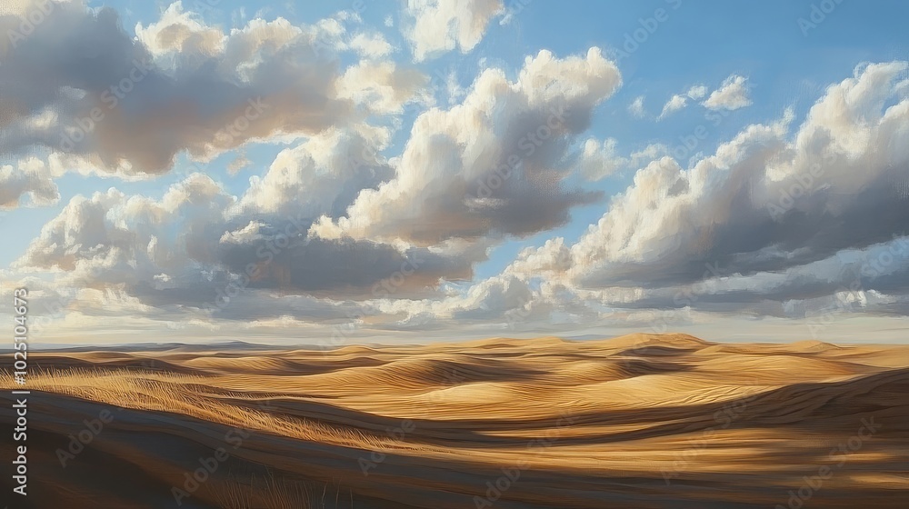 A wide desert landscape with rolling sand dunes under a partly cloudy sky, with shadows cast by the clouds creating dynamic patterns on the sand A wide desert landscape with rolling sand dunes under a partly cloudy sky, with shadows cast by the clouds creating dynamic patterns on the sand