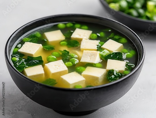 Traditional Japanese miso soup with tofu, high in probiotics for gut health, probiotic, miso, gut health, traditional photo