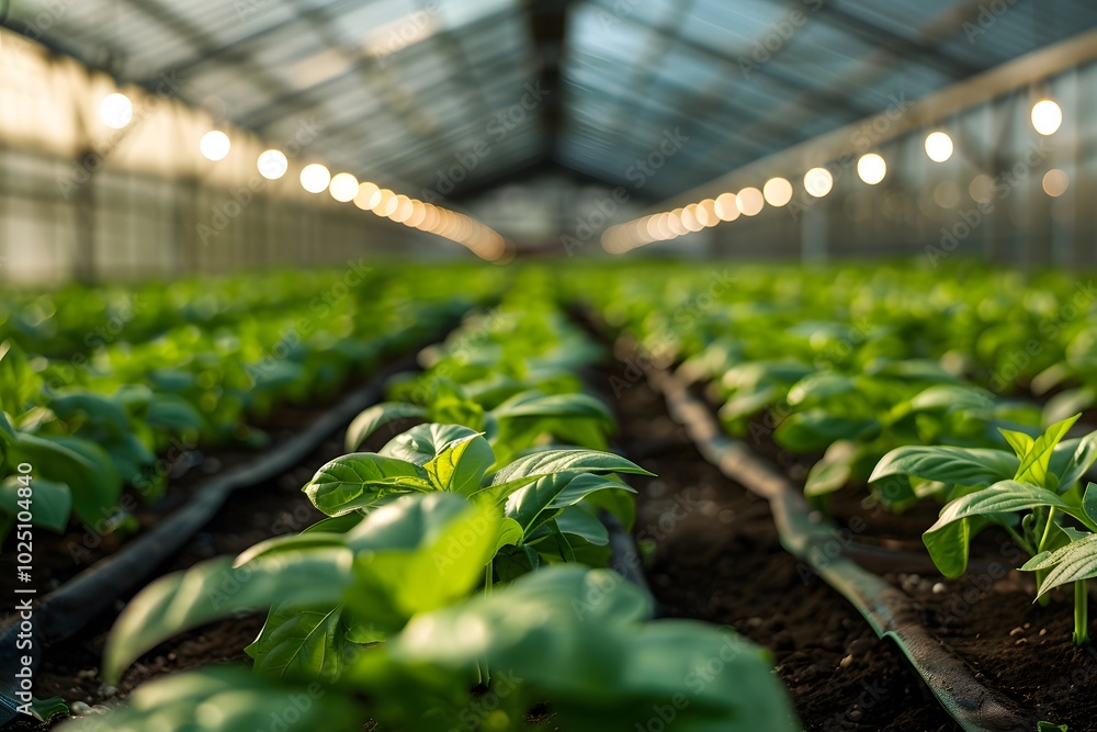 Lush Greenhouse Rows of Young Plants Bathed in Soft Light Lush Greenhouse Rows of Young Plants Bathed in Soft Light