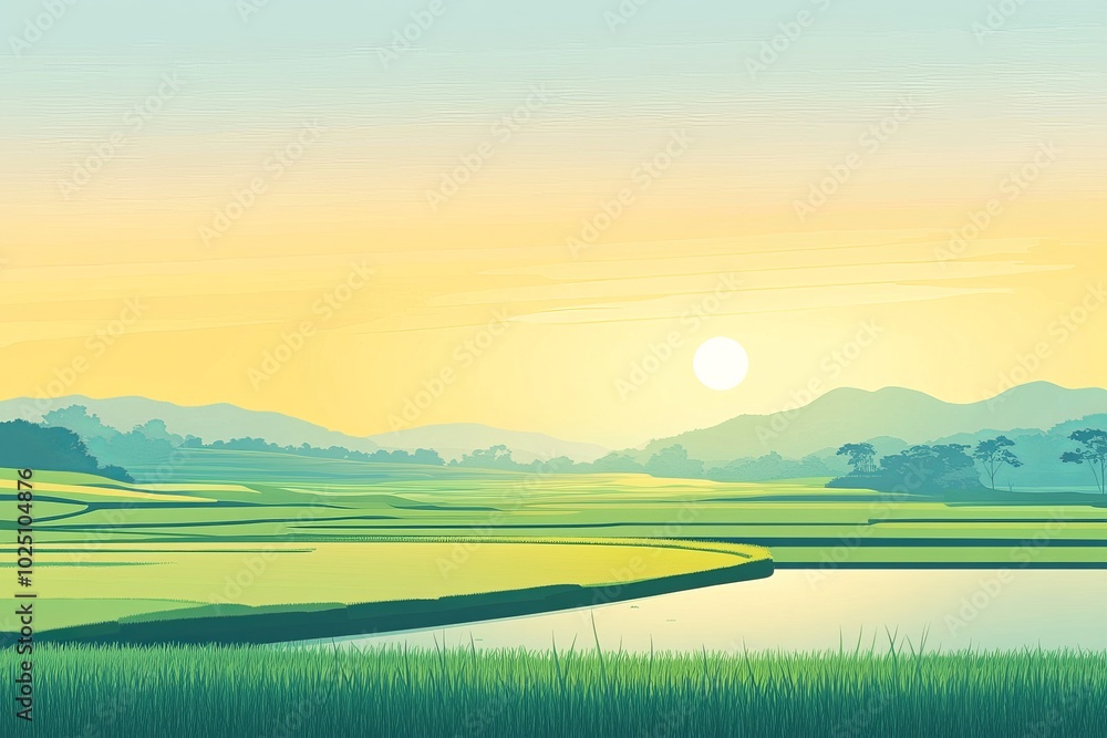Obraz premium Rice fields, green rice fields, illustration style, flat vector design, simple background, grassland and mountains in the distance.