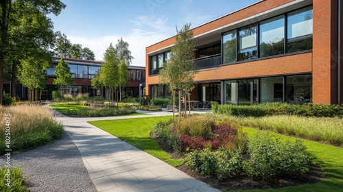 Modern Brick Building With Landscaped Courtyard