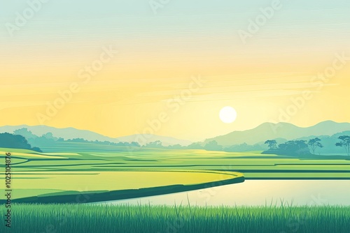 Rice fields  green rice fields  illustration style  flat vector design  simple background  grassland and mountains in the distance.