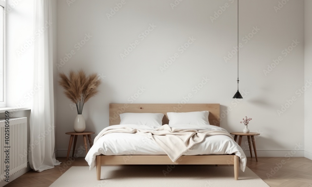 Stylish bright bedroom with white bedding and wooden floors. Stylish bright bedroom with white bedding and wooden floors.