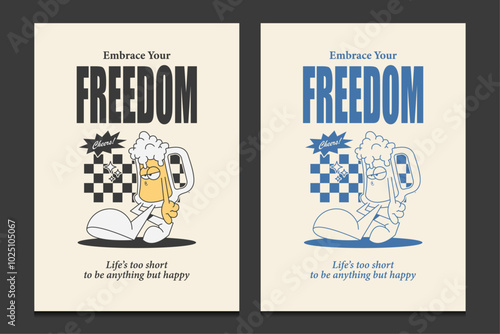 retro 70s poster with a cartoon glass of beer, vector illustration
