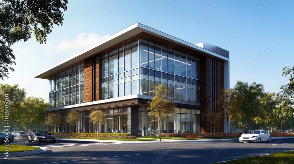 Modern Office Building with Glass Facade and Surrounding Greenery Modern Office Building with Glass Facade and Surrounding Greenery