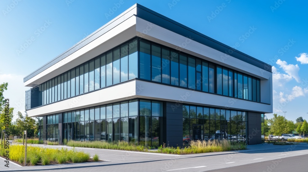 Modern Office Building with Glass Facade and Green Landscaping Modern Office Building with Glass Facade and Green Landscaping