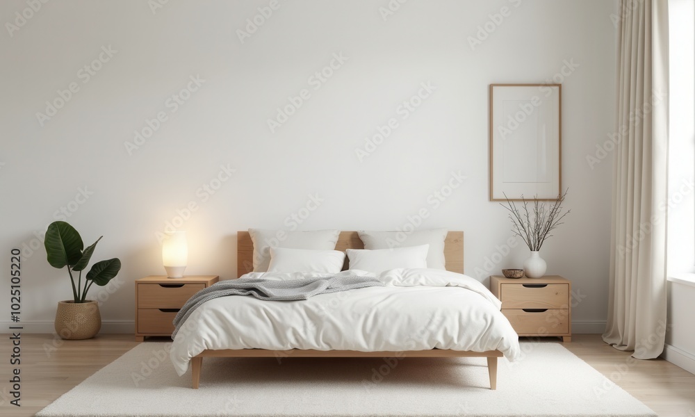 Fototapeta premium Bedroom with natural wooden furniture and a calm light interior.