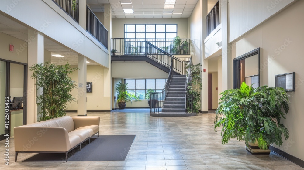 Modern Office Lobby with Staircase, Plants, and Couch Modern Office Lobby with Staircase, Plants, and Couch