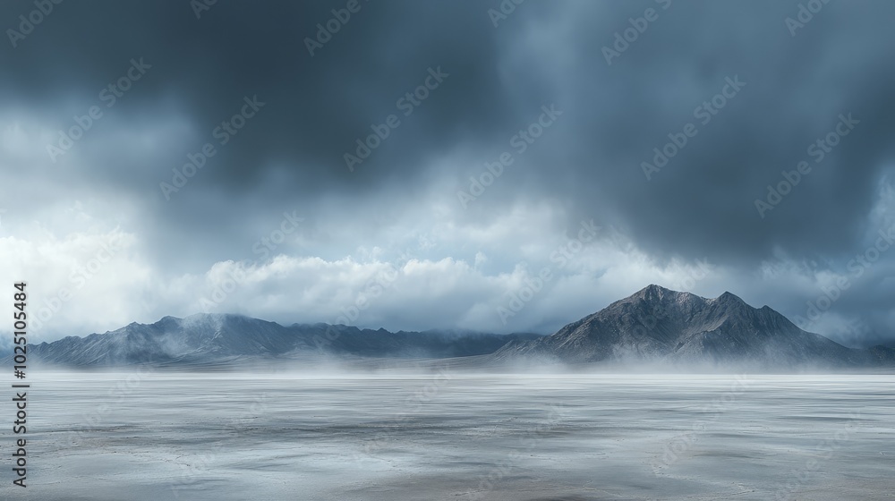 A wide view of a desert salt flat with low-hanging clouds overhead, creating a dramatic and eerie atmosphere across the barren land A wide view of a desert salt flat with low-hanging clouds overhead, creating a dramatic and eerie atmosphere across the barren land