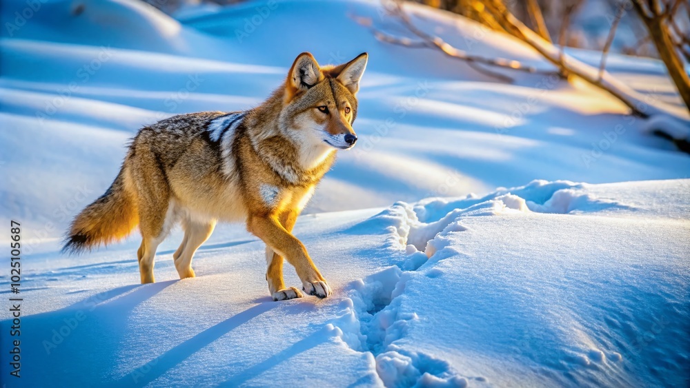 Fototapeta premium Coyote Prints in Fresh Snow: Captivating Tracks of Nature's Wild Hunter on a Winter Landscape