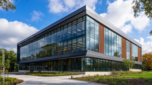 Modern Glass and Metal Office Building with Landscaping