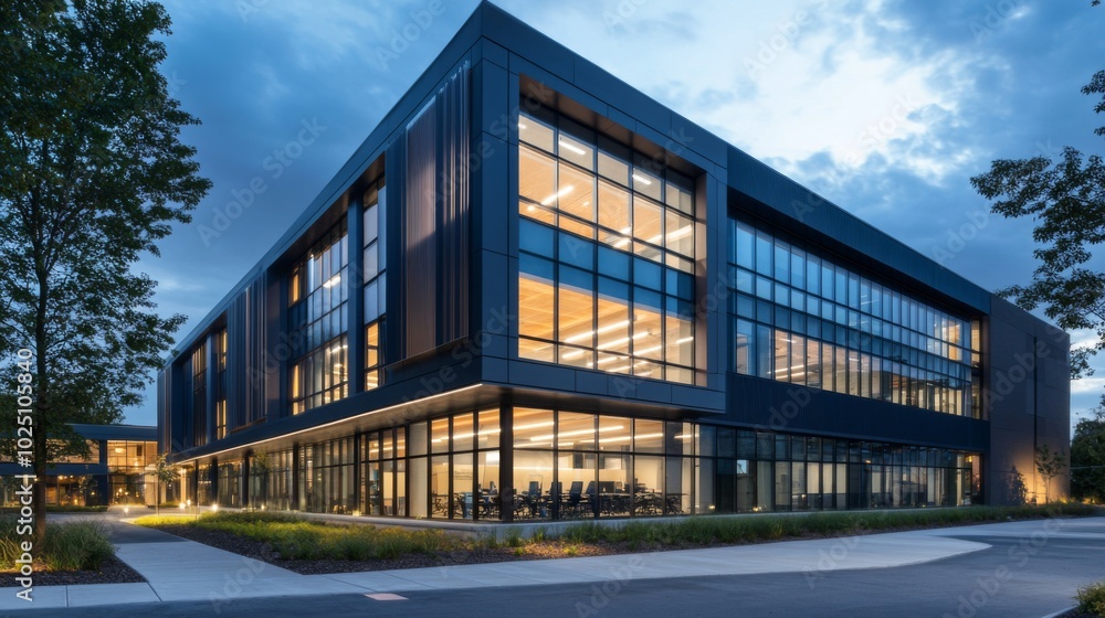 Modern Office Building with Illuminated Windows at Dusk Modern Office Building with Illuminated Windows at Dusk