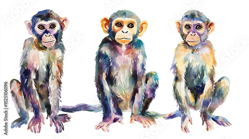 Monkeys animals set realistic watercolor painting Jungle wild animal Isolated on white background, Adorable animal zoo clipart