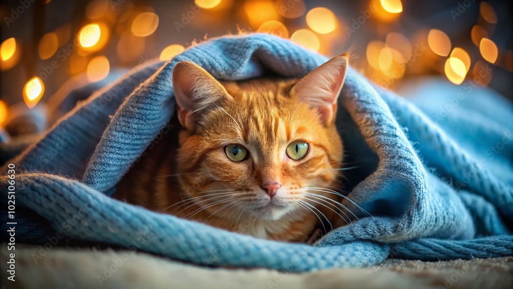 Cozy Ginger Cat Snuggled in Soft Blue Blanket for a Warm and Relaxing Home Atmosphere Cozy Ginger Cat Snuggled in Soft Blue Blanket for a Warm and Relaxing Home Atmosphere