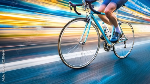 Long exposure shot a man ride bicycle with Highway with light trails background, Long exposure shot Long exposure shot. photo