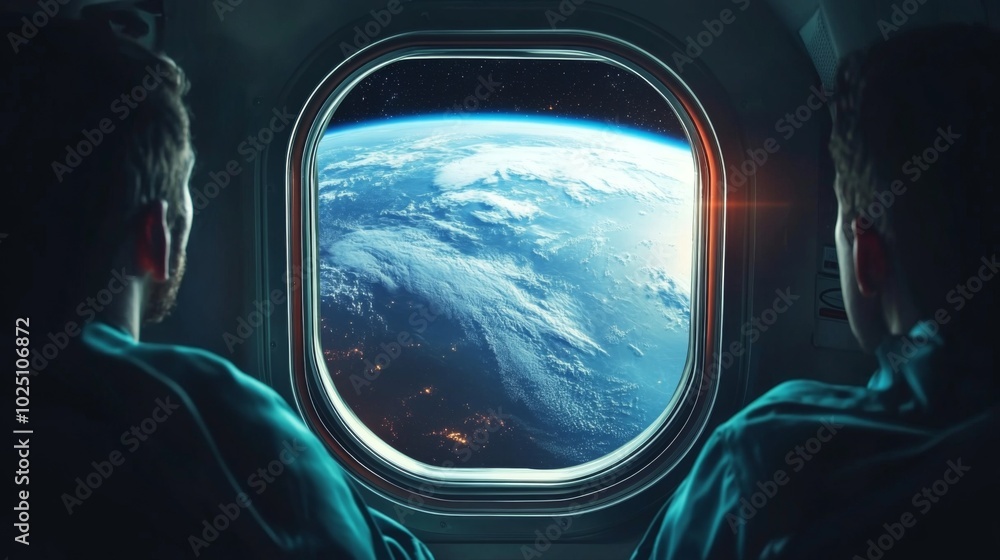 Two Astronauts Gazing at Earth Through a Spacecraft Window Two Astronauts Gazing at Earth Through a Spacecraft Window