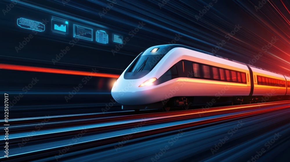 Futuristic highspeed train with sleek, aerodynamic design racing across a digital landscape filled with floating data icons and neon lights Futuristic highspeed train with sleek, aerodynamic design racing across a digital landscape filled with floating data icons and neon lights