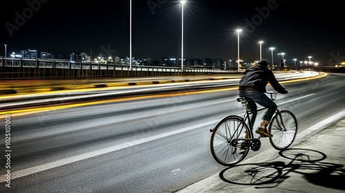 Long exposure shot a man ride bicycle with Highway with light trails background, Long exposure shot Long exposure shot. photo