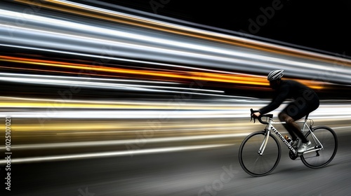 Long exposure shot a man ride bicycle with Highway with light trails background, Long exposure shot Long exposure shot. photo