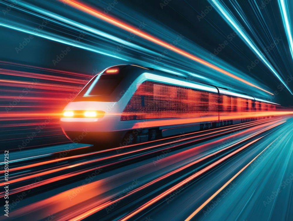 Fototapeta premium Highspeed bullet train racing through digital data streams, symbolizing technological advancement and connectivity