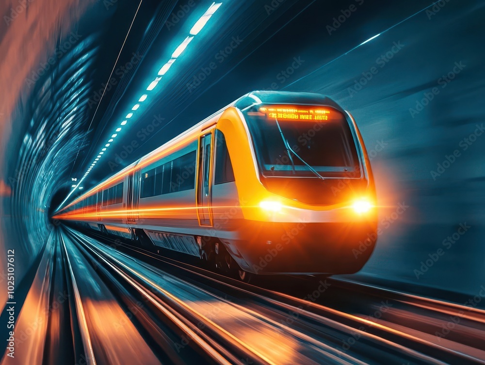 Naklejka premium Futuristic highspeed train traveling through an advanced tunnel with integrated AI control systems, symbolizing modern tech