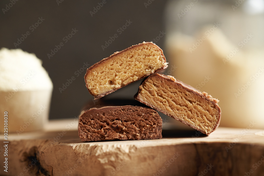 Φωτογραφία Vegetarian protein chocolate bars with a jar of whey protein powder in the backg
