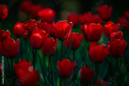 A close-up view of a field of vibrant red tulips in full bloom, bathed in the warm glow of the setting sun.