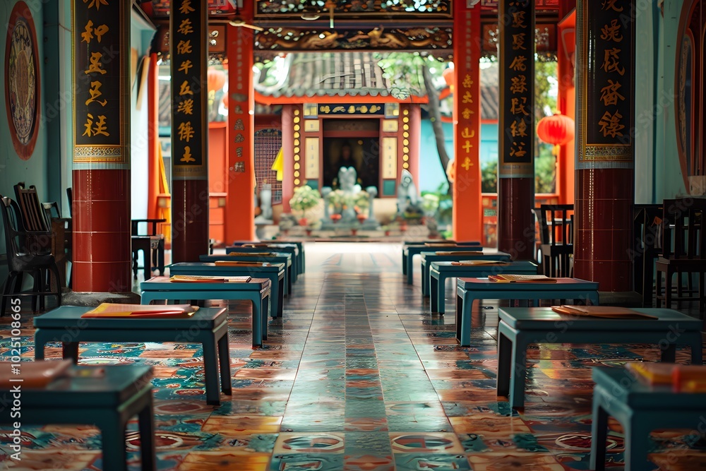 Tranquil Interior of a Traditional Asian Temple with Colorful Decor and Seating Tranquil Interior of a Traditional Asian Temple with Colorful Decor and Seating