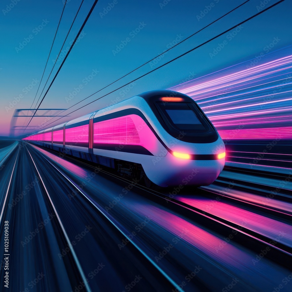 Naklejka premium A highspeed train speeding over a digital landscape, holographic grids representing technological progress and future travel