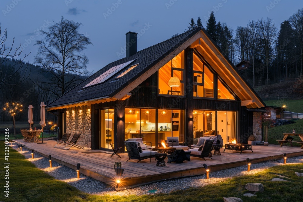 A modern cabin with large windows and a spacious deck, illuminated by warm lights at dusk. A modern cabin with large windows and a spacious deck, illuminated by warm lights at dusk.