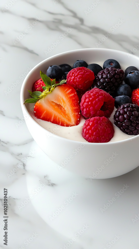 Fresh mixed berries in white bowl on marble. Fresh mixed berries in white bowl on marble.