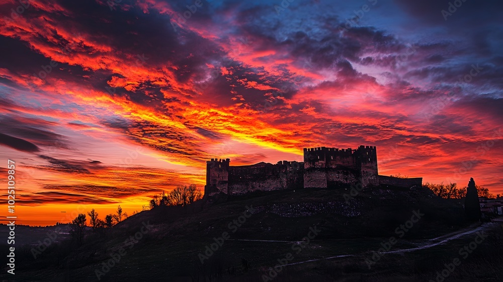 Obraz premium 77. A dramatic sunset over a historic castle