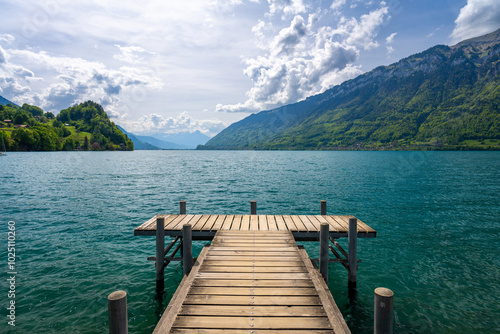 Obraz na płótnie wooden pier on Brienz lake in Iseltwald in Switzerland w salonie