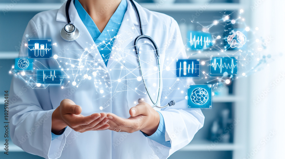 Innovative doctor in white coat presenting digital health data and medical graphics, symbolizing modern healthcare technology and patient care Innovative doctor in white coat presenting digital health data and medical graphics, symbolizing modern healthcare technology and patient care