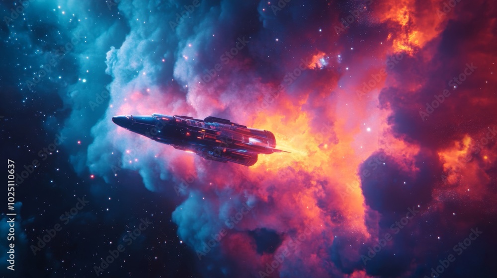 Futuristic spaceship flying through a colorful nebula Futuristic spaceship flying through a colorful nebula
