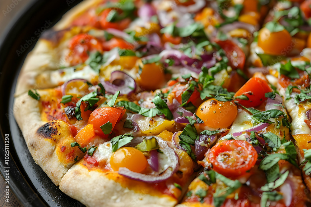 Vegetarian pizza topped with colorful ingredients Vegetarian pizza topped with colorful ingredients