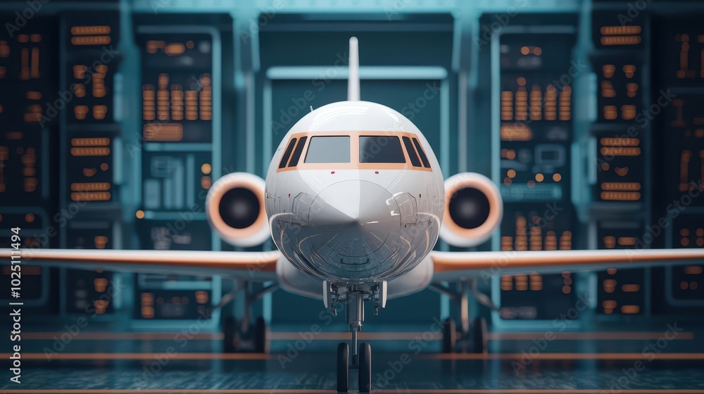 Fototapeta premium Plane undergoing a maintenance check in a cyberfuturistic workshop, with robotic systems and floating holographic data displays