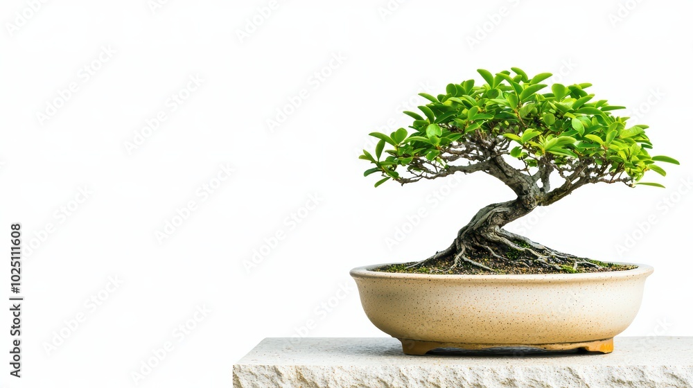 A beautiful bonsai tree in a ceramic pot, showcasing intricate roots and vibrant green leaves against a white background. A beautiful bonsai tree in a ceramic pot, showcasing intricate roots and vibrant green leaves against a white background.