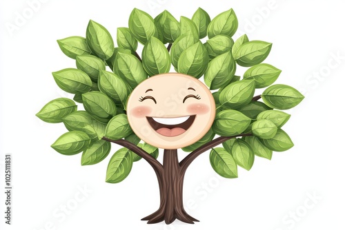 A cheerful tree with a smiling face, surrounded by vibrant green leaves, illustrating joy and nature's beauty. photo