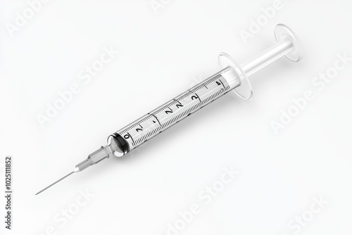 A clear syringe with a needle on a white background, ideal for medical or health-related designs.